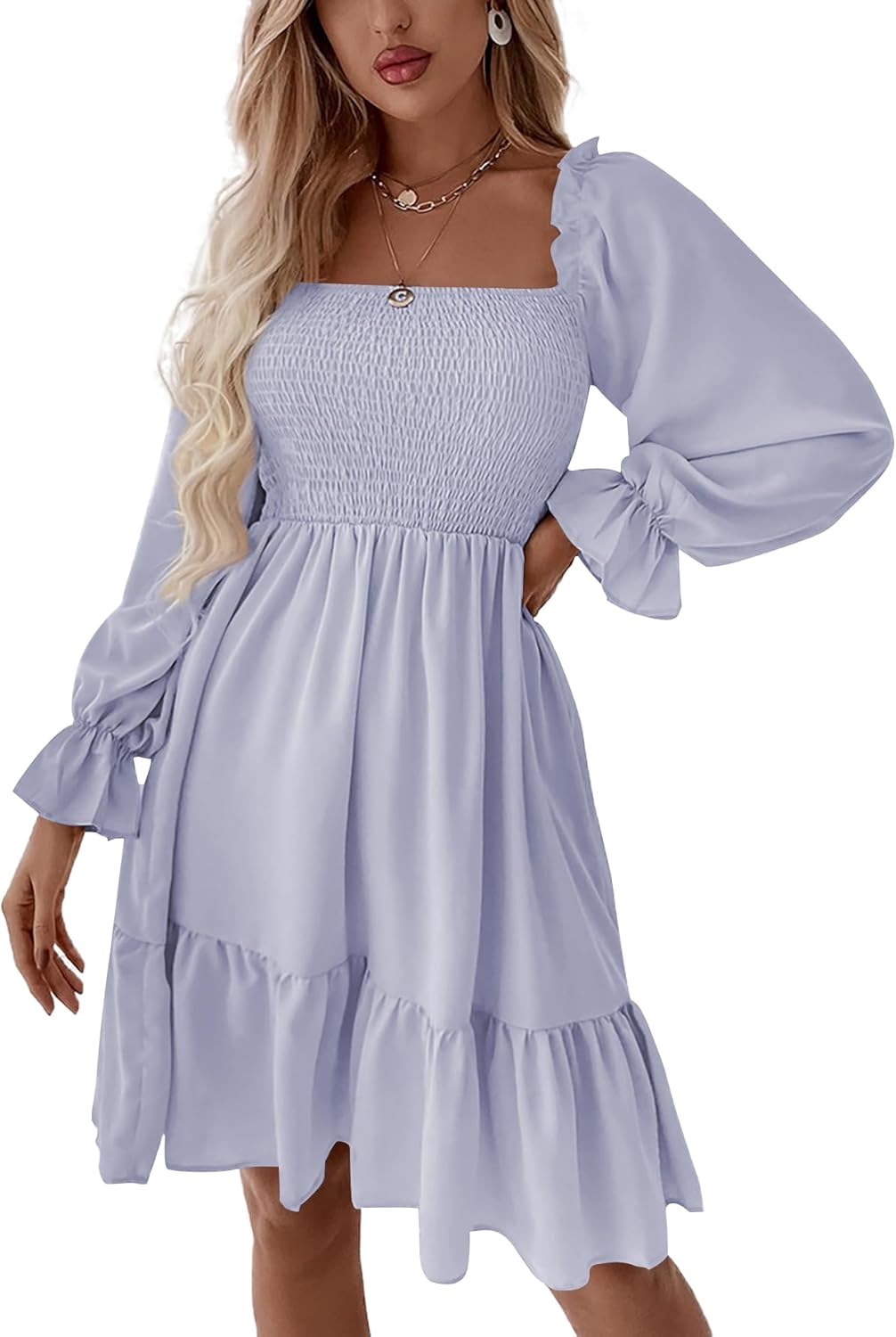 LYANER Women's Square Neck Lantern Long Sleeve Ruffle Dress