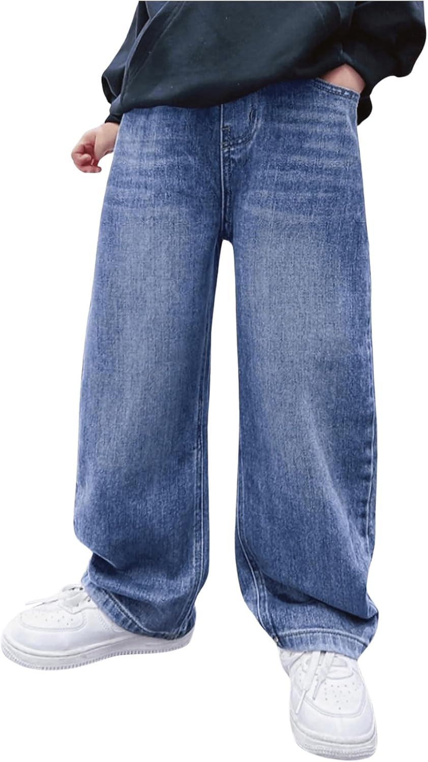 Baggy Straight Leg Denim Pants for Boys with Elastic Waist