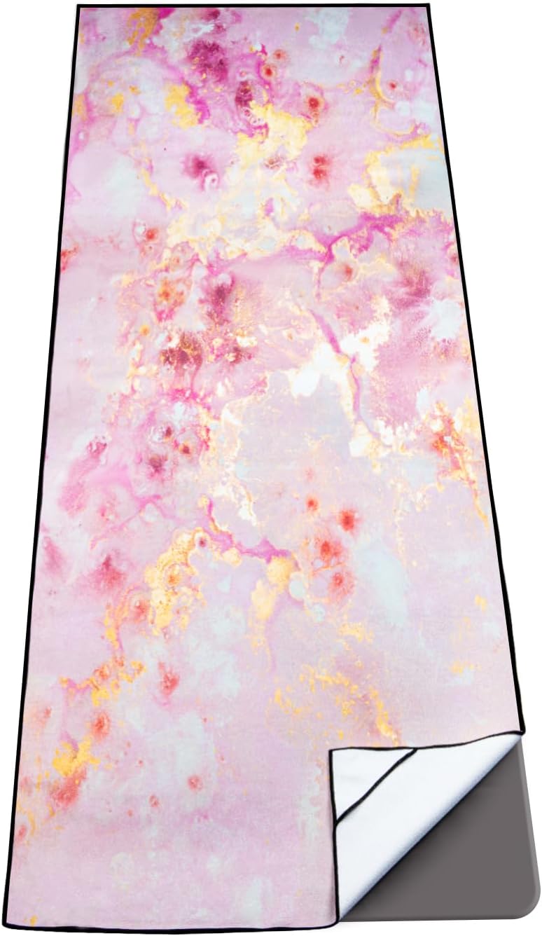 Non Slip Pink Gold Marble Yoga Towel - Absorbent Microfiber for Hot Yoga