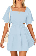 Women's Square Neck Crossover Waist Mini Dress - Casual Party