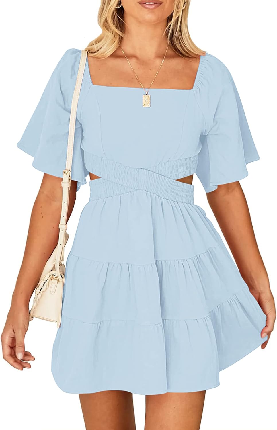 Women's Summer Dresses Square Neck Casual Short Sleeves Mini Dress