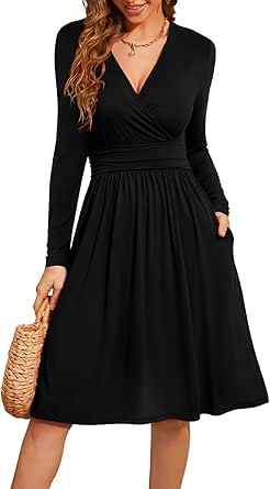 WEACZZY Womens Long Sleeve Deep V-Neck Formal Dress with Pockets