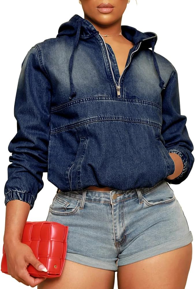 Women's Half Zip Denim Hoodie Pullover for Stylish Comfort