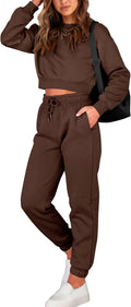 Women 2 Piece Tracksuit Set - Crop Pullover & Drawstring Joggers