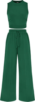 Women Summer 2 Piece Outfits - Comfortable Ribbed Cropped Top & Wide