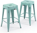 Distressed Mint Green 24 in Metal Bar Stools Backless - Set of 2