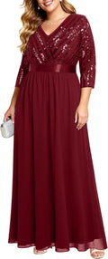 Womens Plus Size Sequin V Neck 3/4 Sleeve Evening Gown - Long Maxi