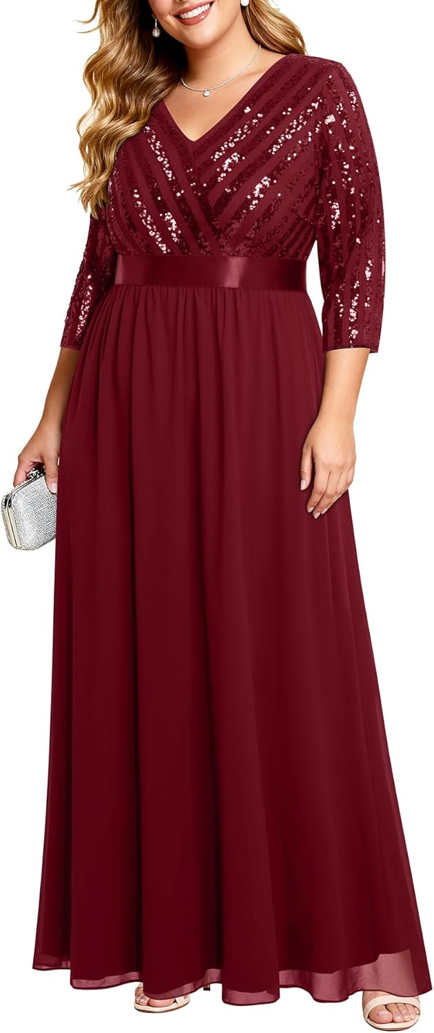 Womens Plus Size Formal Dresses with V Neck and 3/4 Sleeves
