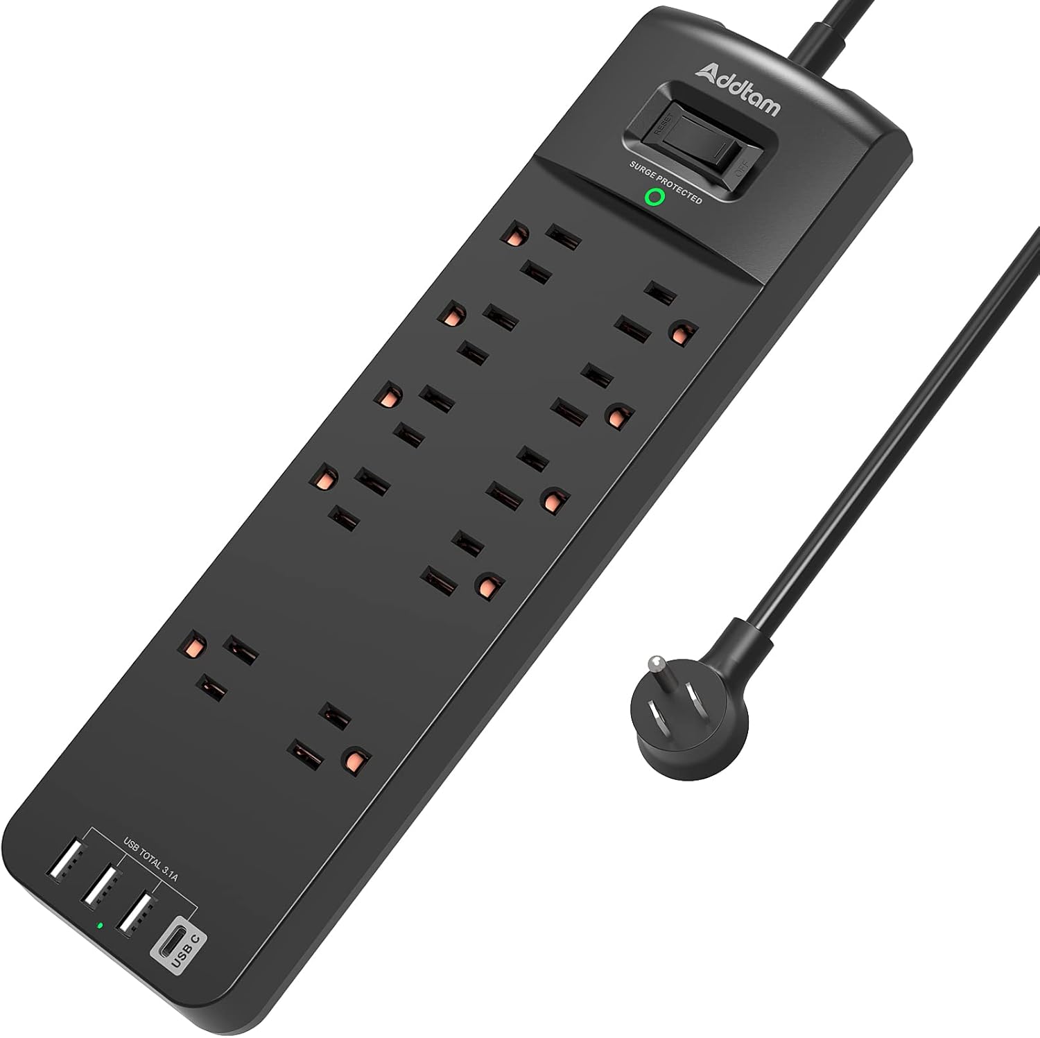 Addtam 15FT Long Power Strip with 10 Outlets and 4 USB Ports