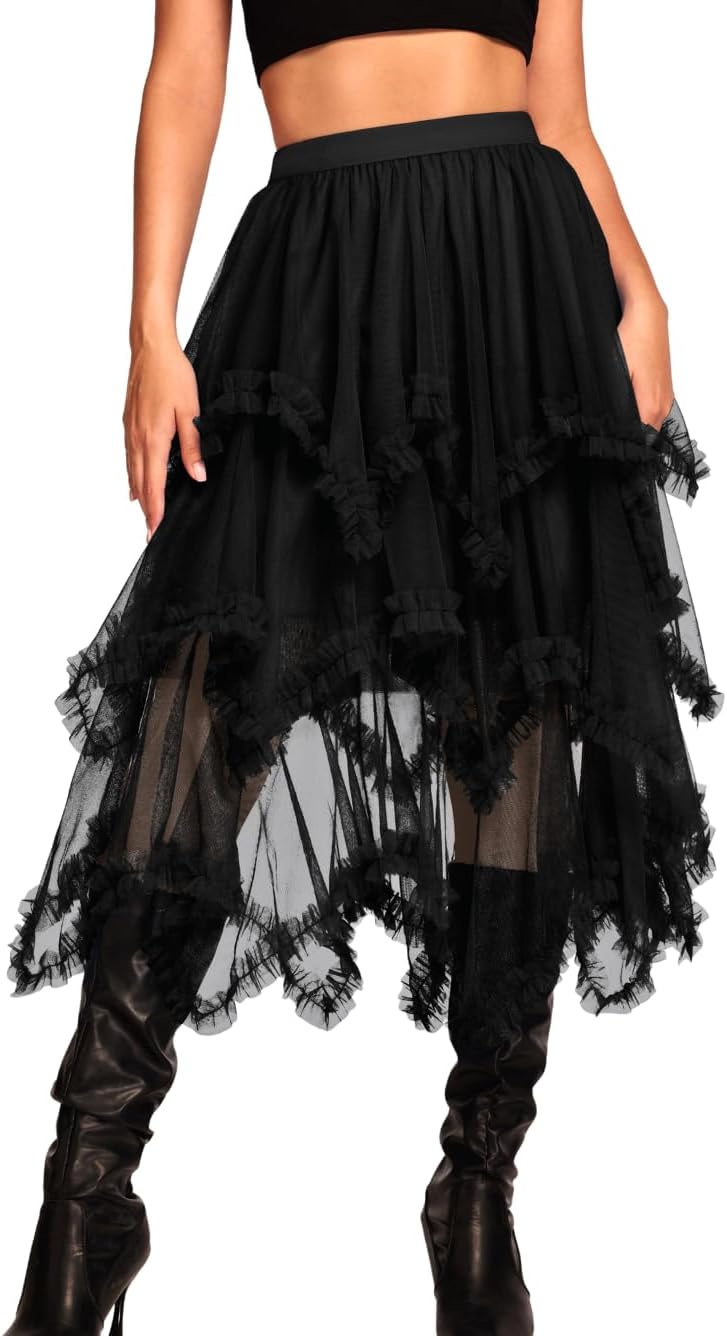 Kaei&Shi Long Tulle Skirt for Women - Asymmetrical Ruffle Design