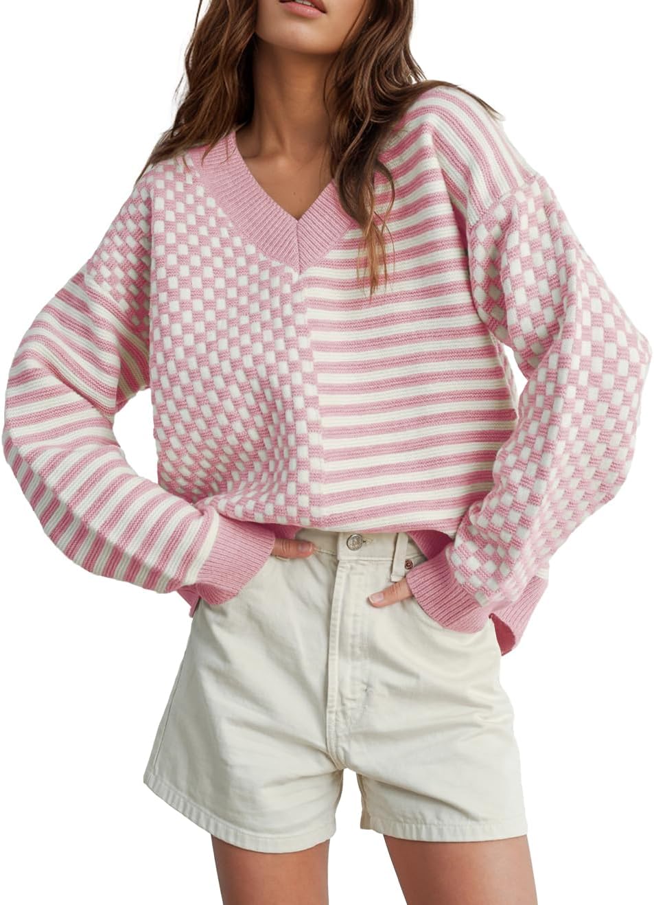 Trendy Women's Striped Checkered Sweater for Casual Style