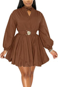 ENOPINK Womens Mini Dress Puff Sleeve Button Down Split V Neck Out