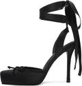 Satin Ballet Heels for Women Closed Square Toe Lace Up Stilettos