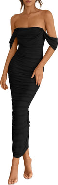 PRETTYGARDEN Off The Shoulder Ruched Bodycon Maxi Dress (Style 6PLK)