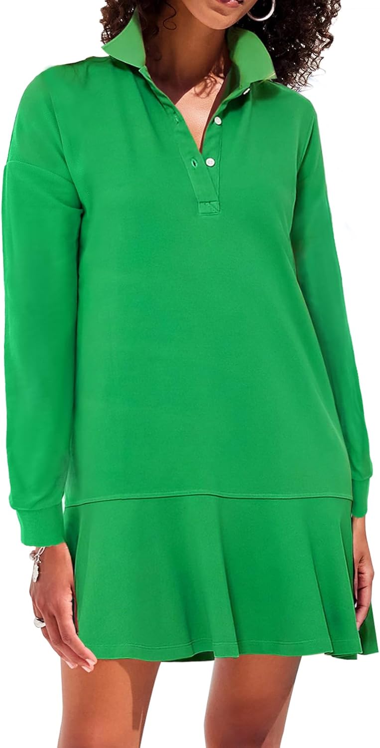 Women's Long Sleeve Polo Dress with Ruffle Hem for Fall Style