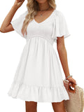 LILLUSORY Flowy Casual Mini Dress - Flattering Smocked V Neck