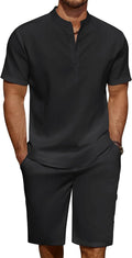 COOFANDY Men's Linen 2-Piece Henley Shirt and Shorts Set - Summer