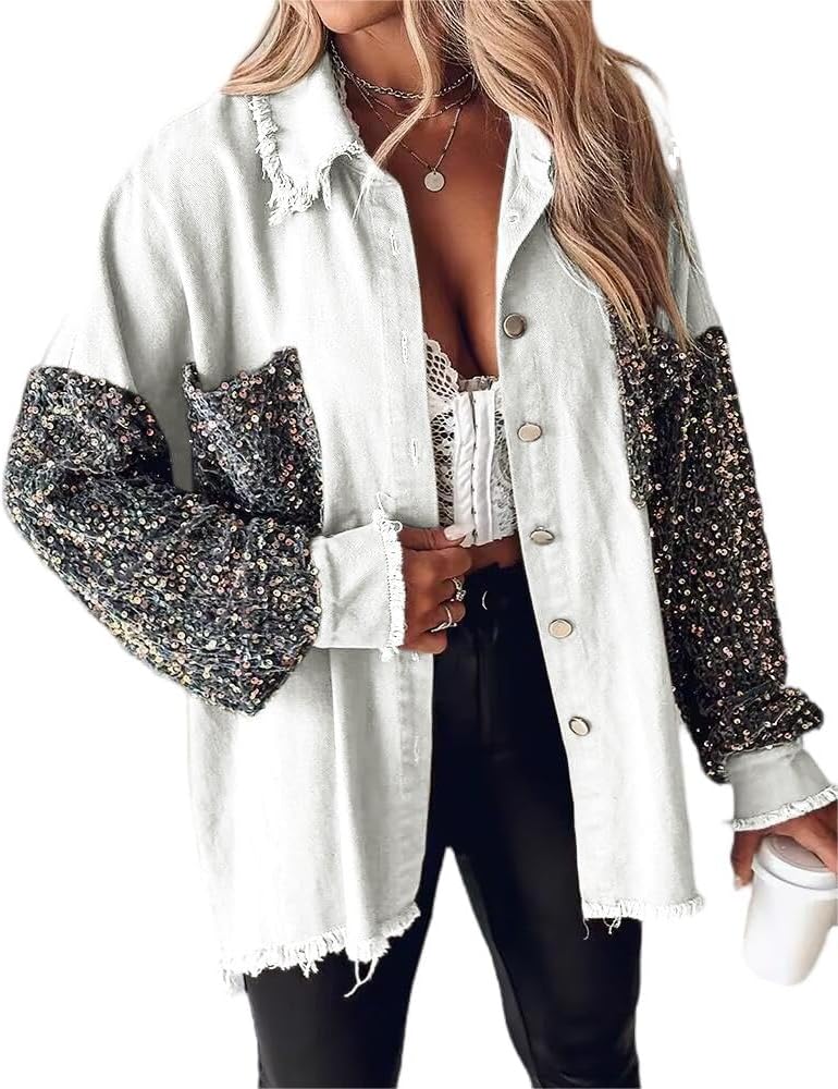 Oversized Sequin Patchwork Denim Shacket for Women 2025