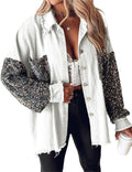 Womens Denim Jacket Sequin Patchwork Oversized Shacket - Chic Sparkle