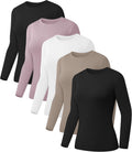 5 Pack Womens Basic Long Sleeve Crew Neck Slim-Fit T Shirts - Layering