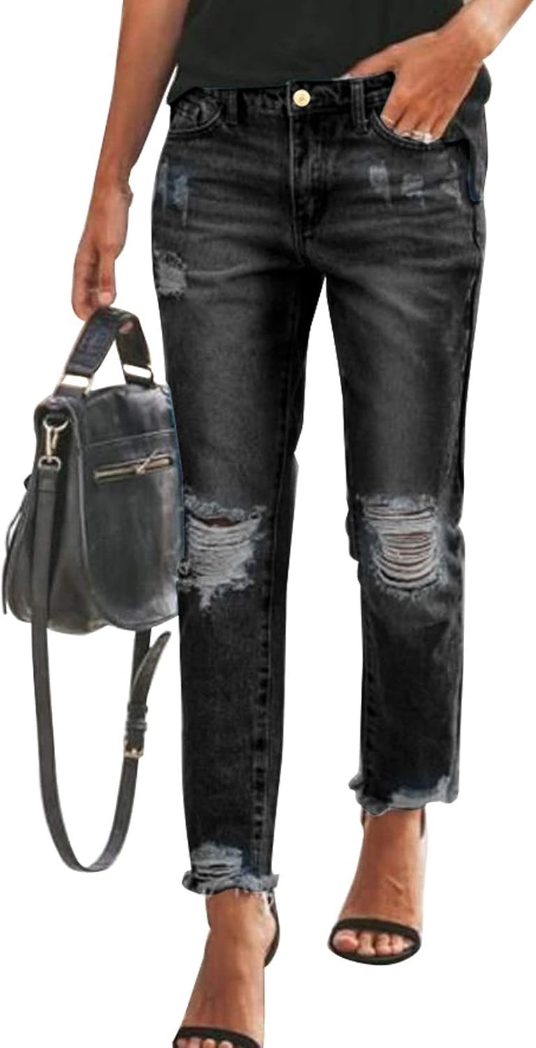 Sidefeel Women's Boyfriend Jeans Stretchy Ripped Distressed Denim