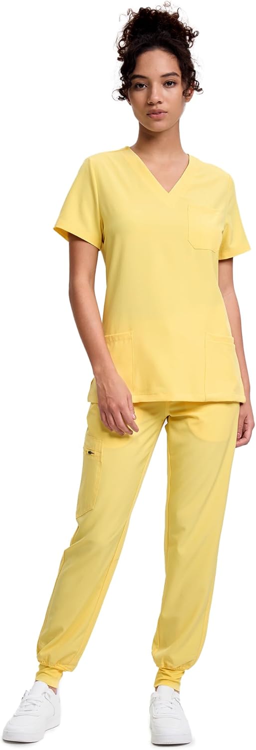 Women's V-Neck Scrubs Top & Cargo Pants Set with 10 Pockets