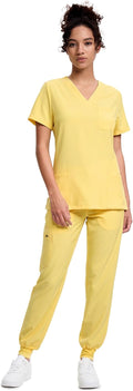 Women's V-Neck Scrubs Top & Cargo Pants Set - 10 Pockets, 4-Way pen