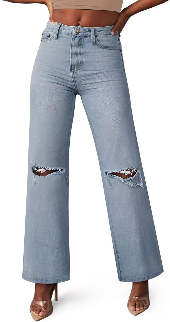 KDF High Waisted Ripped Straight Leg Jeans for Women Style