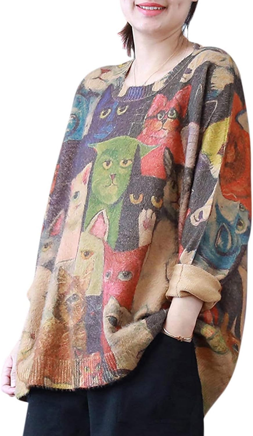 YESNO Women Christmas Sweater Graphic Printed Oversized Pullover