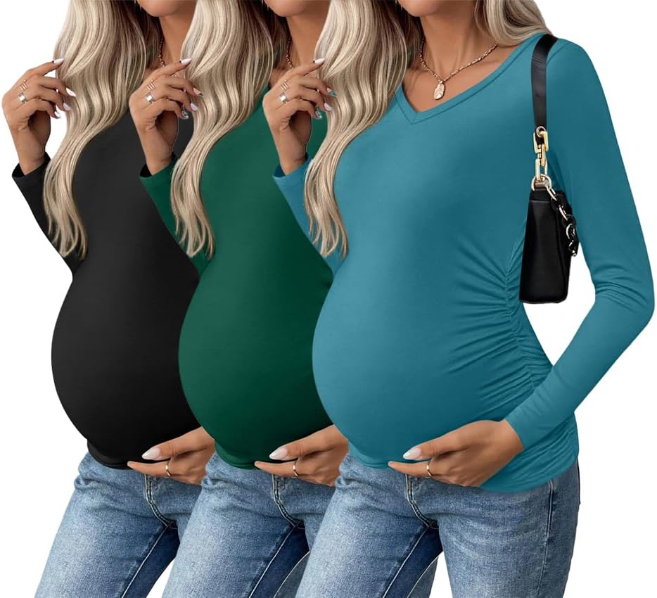 Ekouaer Womens Maternity Shirts Long Sleeve V-Neck Tops 3 Pack