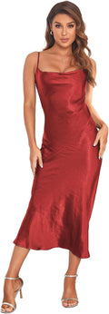 Women's Satin Slip Midi Dress - Cowl Neck Backless Party Dress