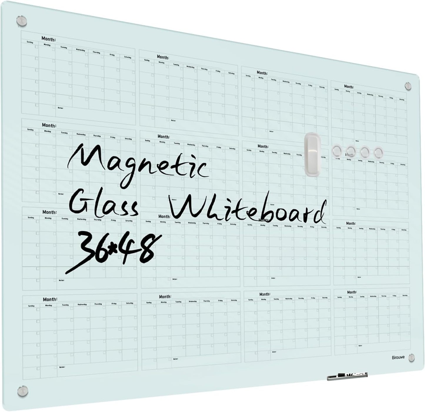 Magnetic Glass Yearly Calendar Whiteboard - 48x36 Frameless Board