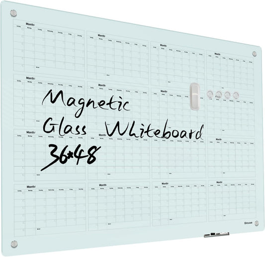 Magnetic Glass Yearly Calendar Whiteboard - 48x36 Frameless Board