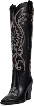 Cowboy Knee High Boots with Embroidered Pointed Toe - Fashion Heel