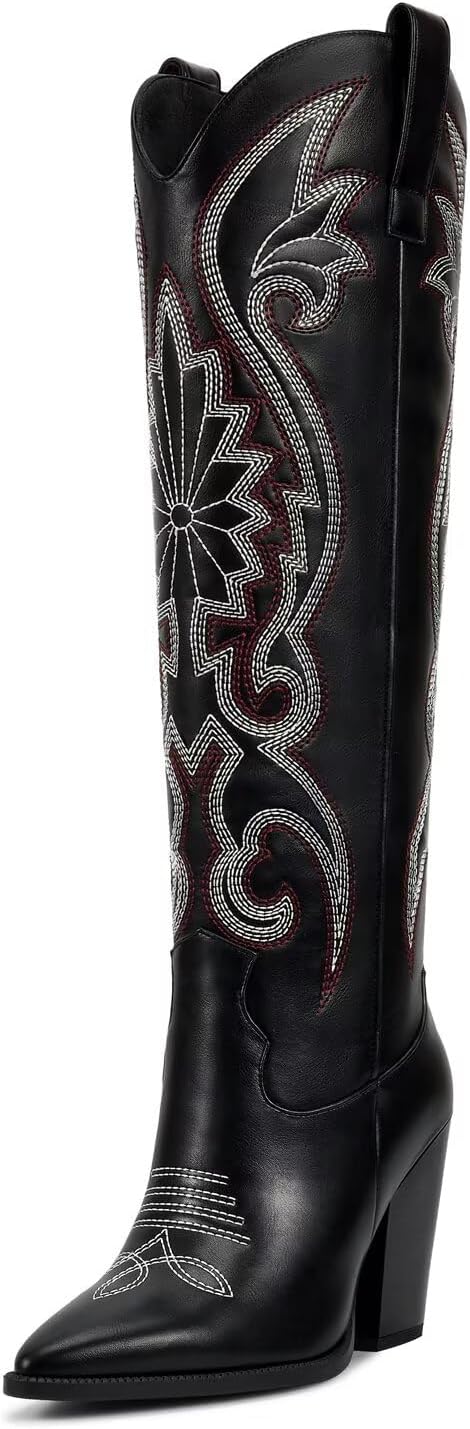 ISNOM Womens Cowboy Knee High Boots with Embroidery and Comfort