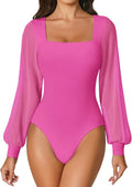 Women Puff Long Sleeve Mesh Bodysuit Square Neck - Slim Fit
