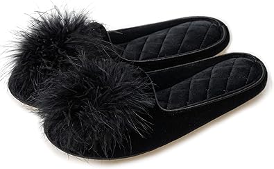 Fuzzy Pom Pom Feather Velvet House Slippers for Women Cozy