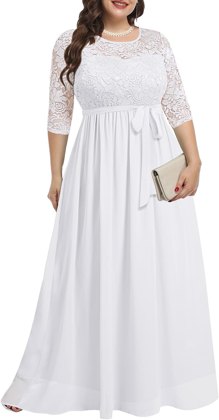 Women's Plus Size Lace Chiffon Long Maxi 3/4 Sleeve Dress