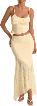 Women's Ruffle Trim Cami Crop Top and Low Rise Maxi Skirt Set - Flirty