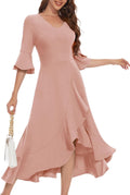 Women's Cocktail Bell Sleeve Dress - Elegant Knee-Length Wrap V-Neck