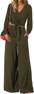 Women's 2 Piece Outfits V Neck Crop Top Wide Leg Pant - Cozy Fall Set