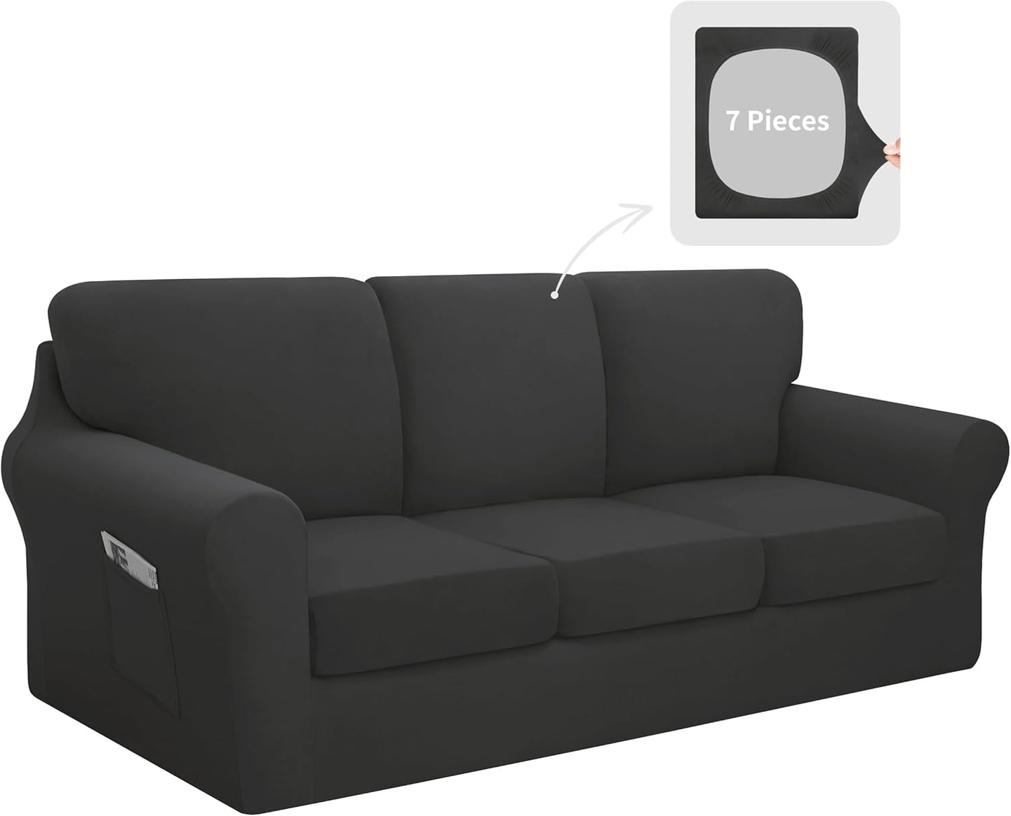 Stretch Couch Cover Set for 3 Cushion Sofa, Dark Grey Color