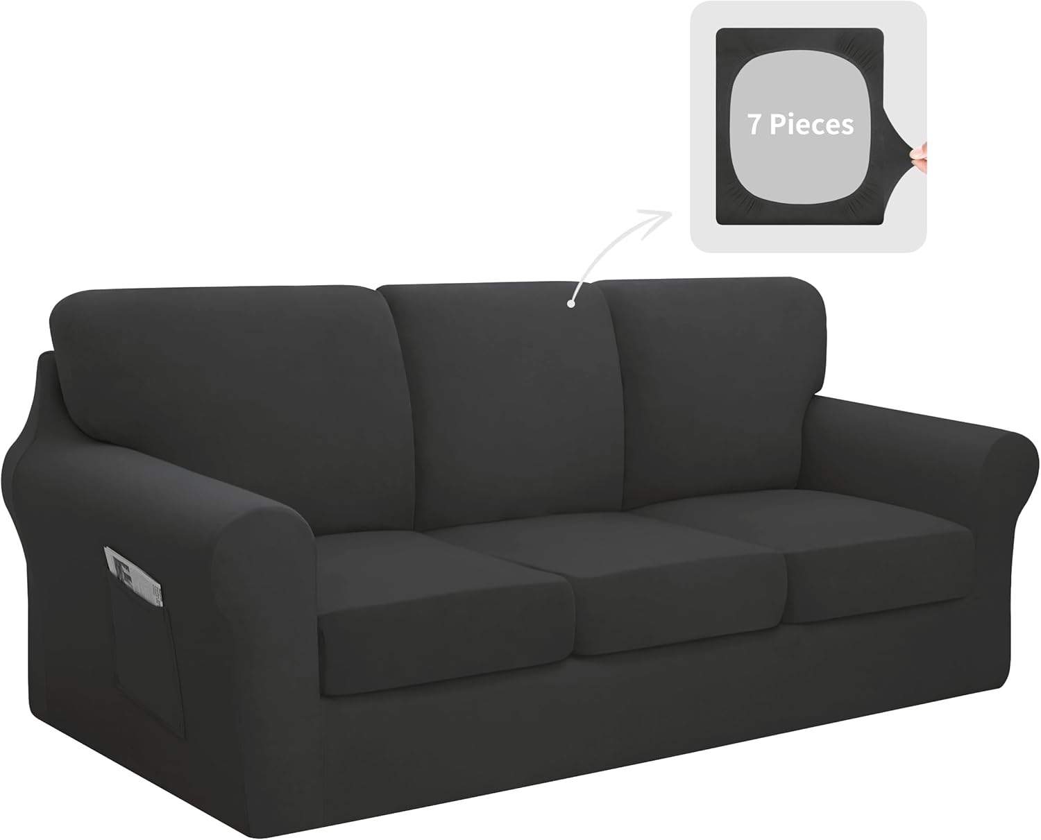 Stretch Couch Cover Set for 3 Cushion Sofa, Dark Grey Color