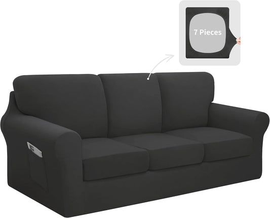 Stretch Couch Cover Set for 3 Cushion Sofa, Dark Grey Color