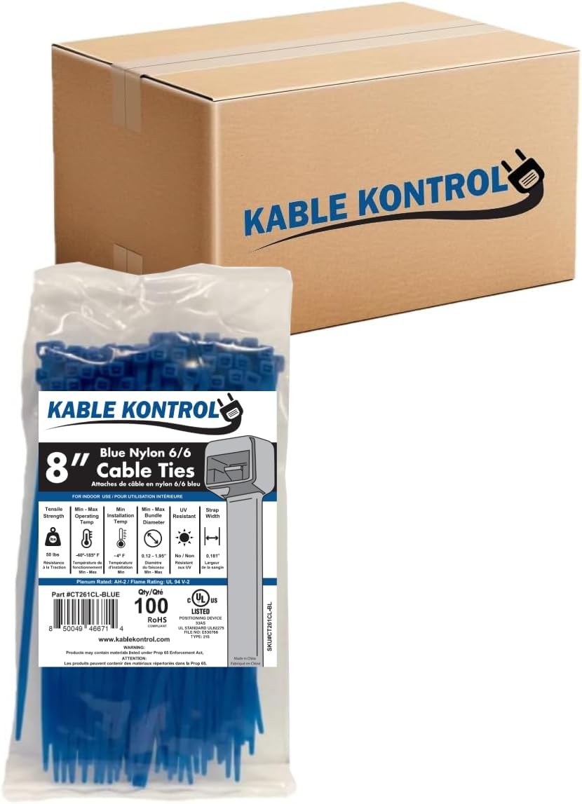 Kable Kontrol Blue Zip Ties 8 Inch for Indoor and Outdoor Use