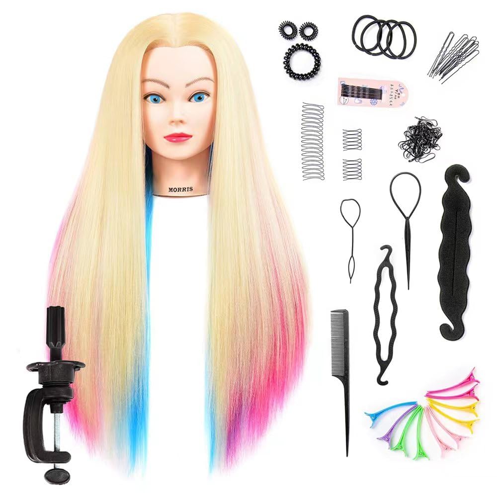 28 Inch Mannequin Head for Hairdresser Practice with Rainbow Hair