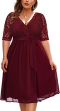 Plus Size Burgundy Lace Chiffon Wrap V Neck Midi Dress for Women
