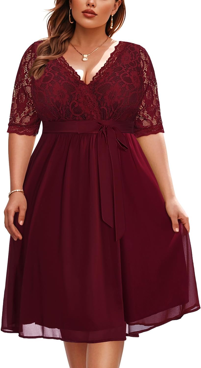 Plus Size Lace Chiffon Wrap V Neck Dresses for Women Events