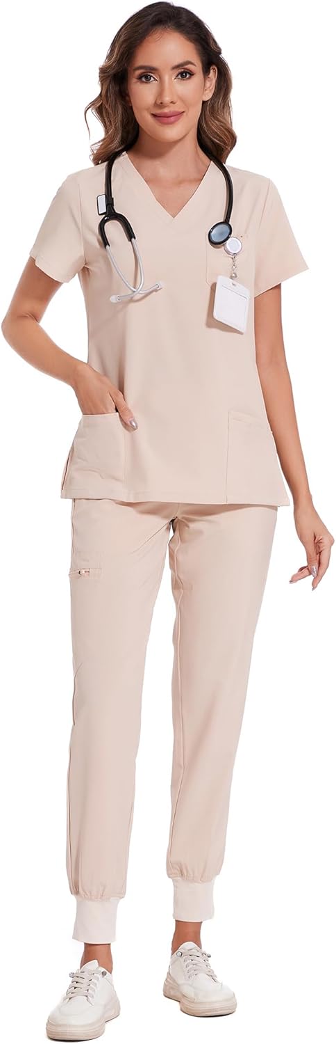 COZYFIT Scrubs for Women - Stretch V-Neck Top & Jogger Pants