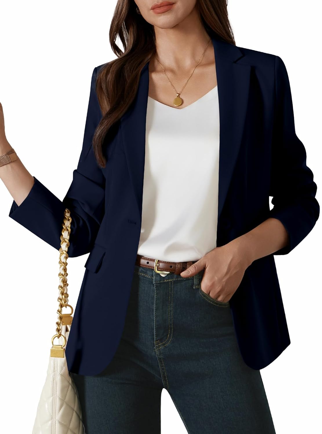 Womens One Button Blazer Casual Open Front Long Sleeve Suit Jackets